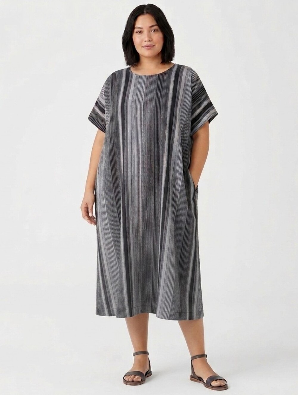 S. Kanouni Design Black Gray Striped Dress Pockets Belt Lagenlook One Free Size